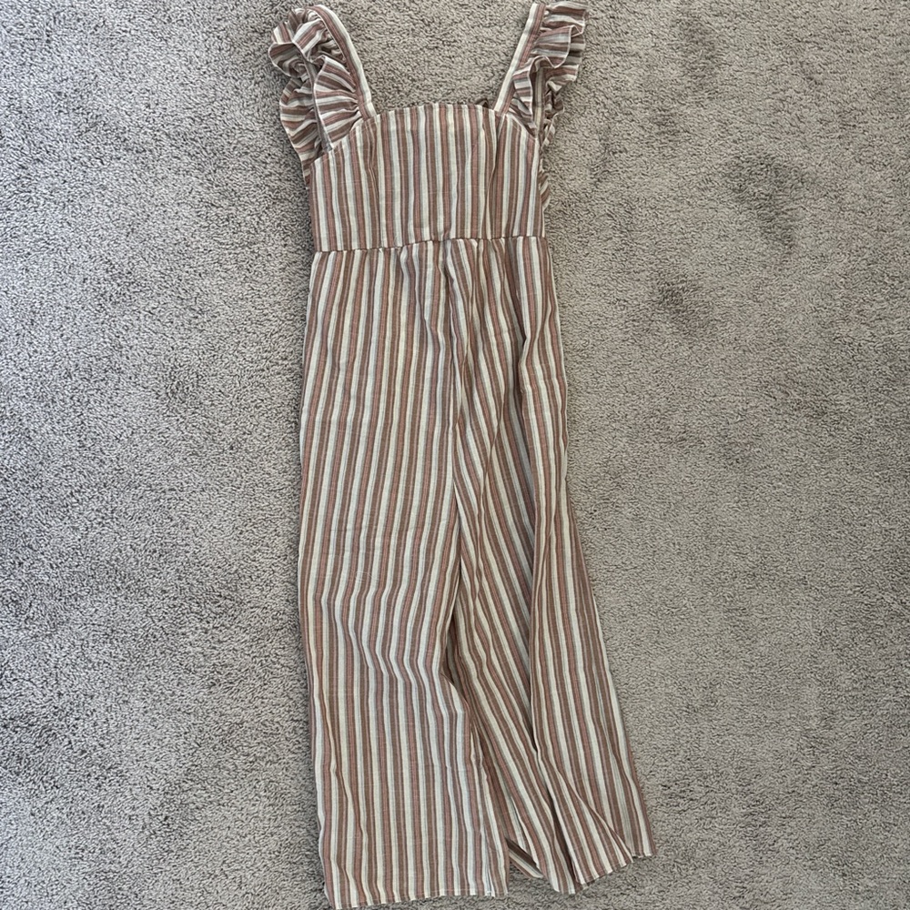 Striped Ruffle Strap Jumpsuit in Neutral Tones